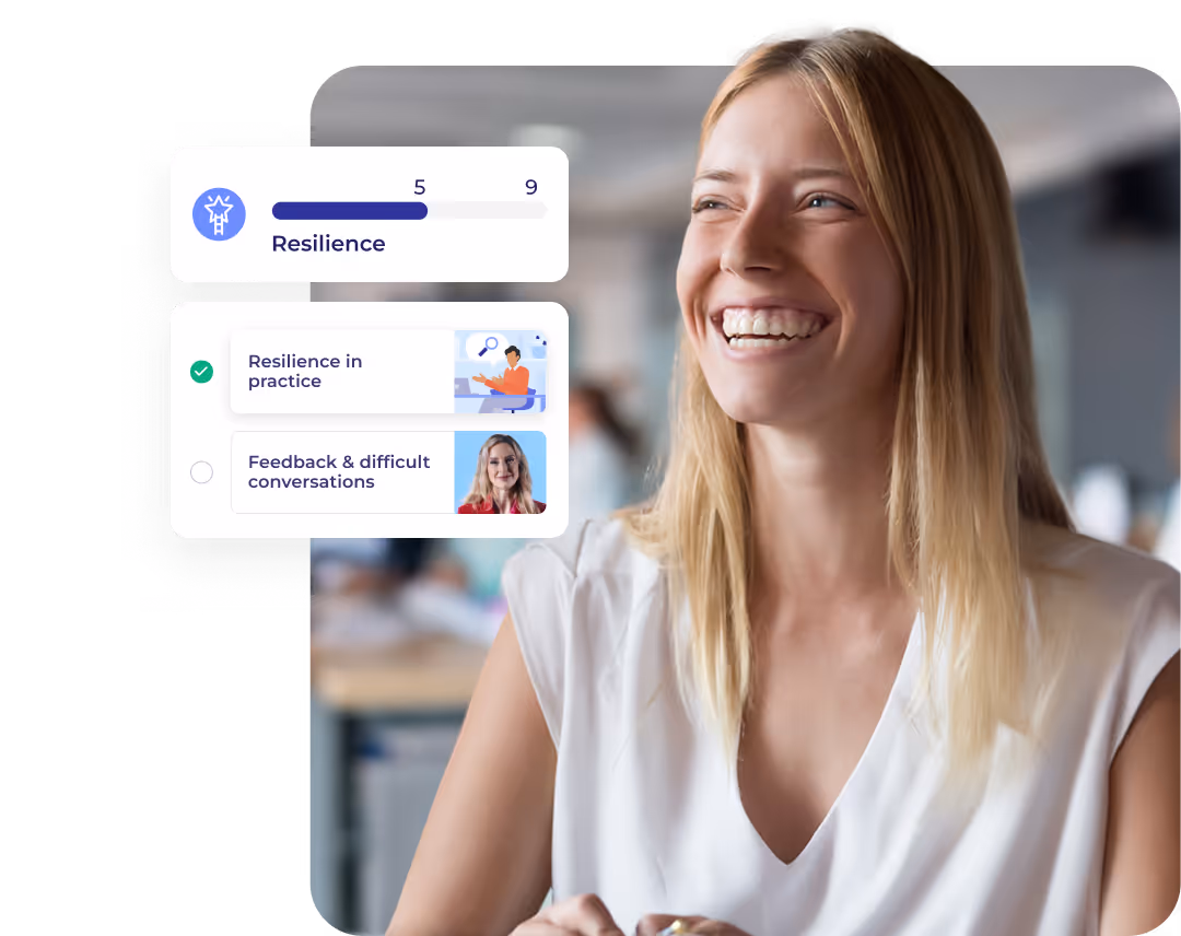 Blonde woman smiling, wearing white top, blurred background decorated with modern UI elements