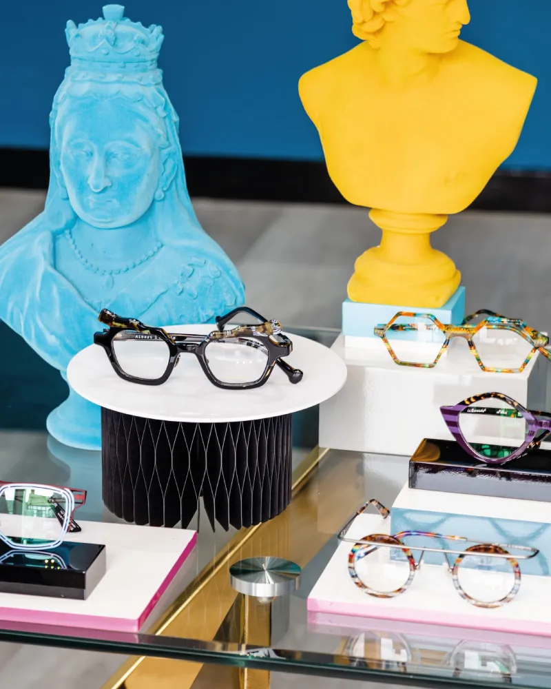 Showcase of designer glasses on countertop