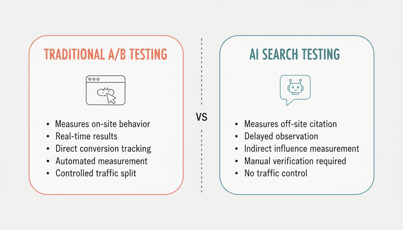 Traditional A/B Testing vs AI Search Testing comparison showing key differences between on-site behavior measurement and off-site citation tracking