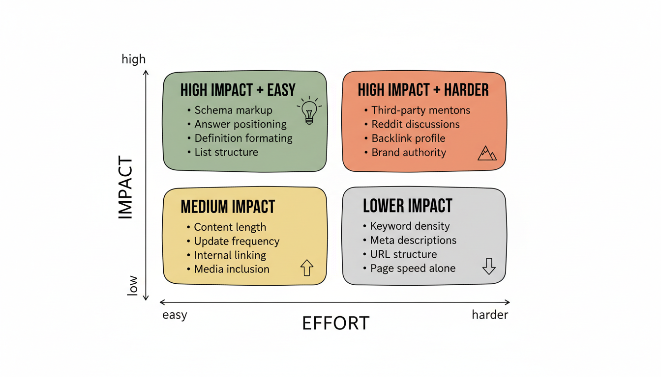 AI Search Testing Priority Matrix showing four zones: High Impact + Easy (schema, answer positioning), High Impact + Harder (third-party mentions, Reddit), Medium Impact (content length), and Lower Impact (keyword density)