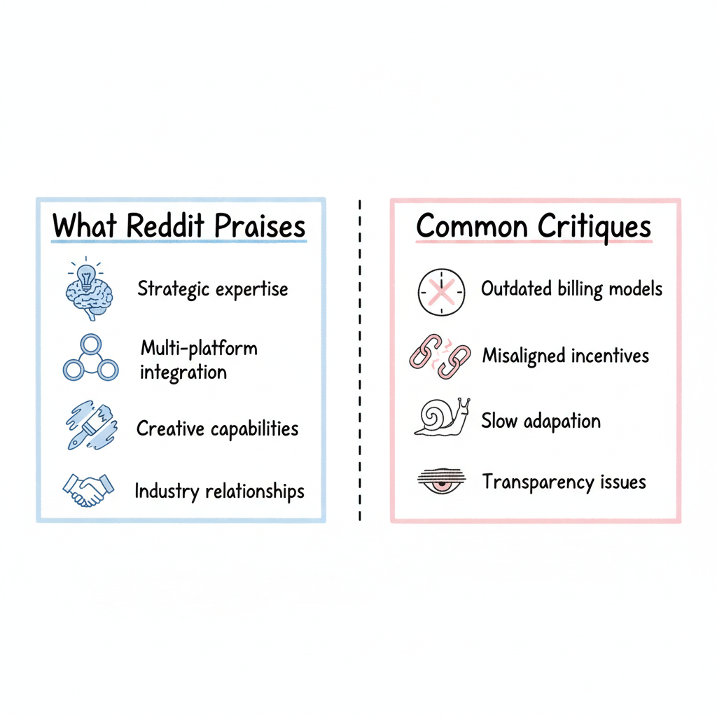 Ad agency Reddit perspectives: what Redditors praise vs. common critiques side-by-side comparison