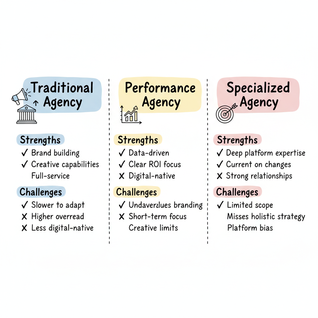 Three agency types compared: Traditional, Performance, and Specialized Platform agencies with strengths and challenges