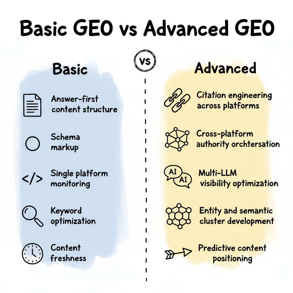 Basic GEO vs Advanced GEO comparison showing the strategic shift from visibility to citation authority