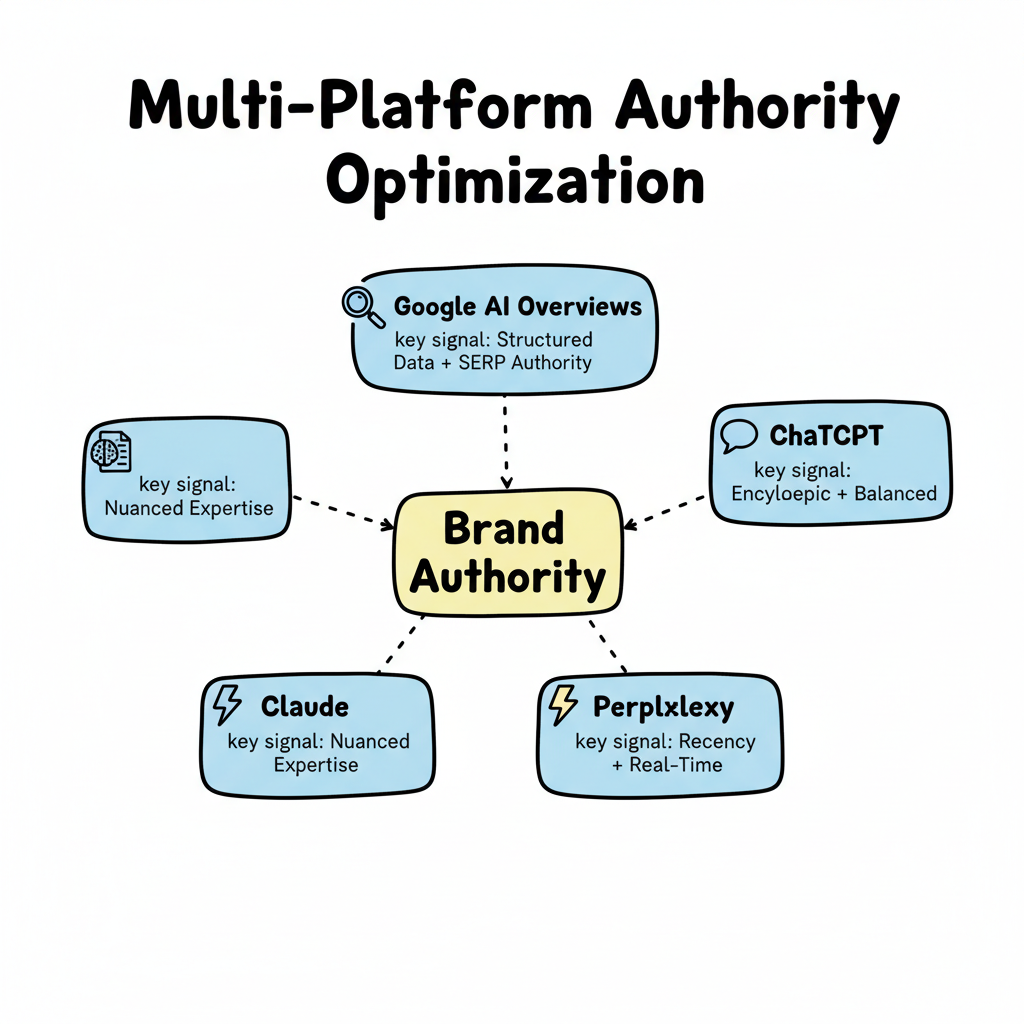 Multi-platform authority optimization framework showing how Google AI Overviews, ChatGPT, Perplexity, and Claude each evaluate brand authority differently