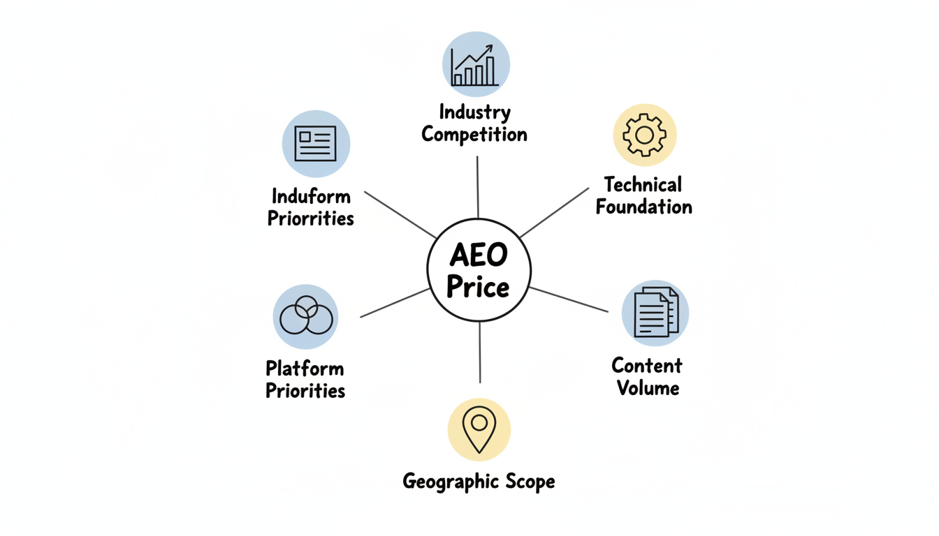 Five factors that affect AEO pricing: Industry Competition, Technical Foundation, Content Volume, Geographic Scope, and Platform Priorities
