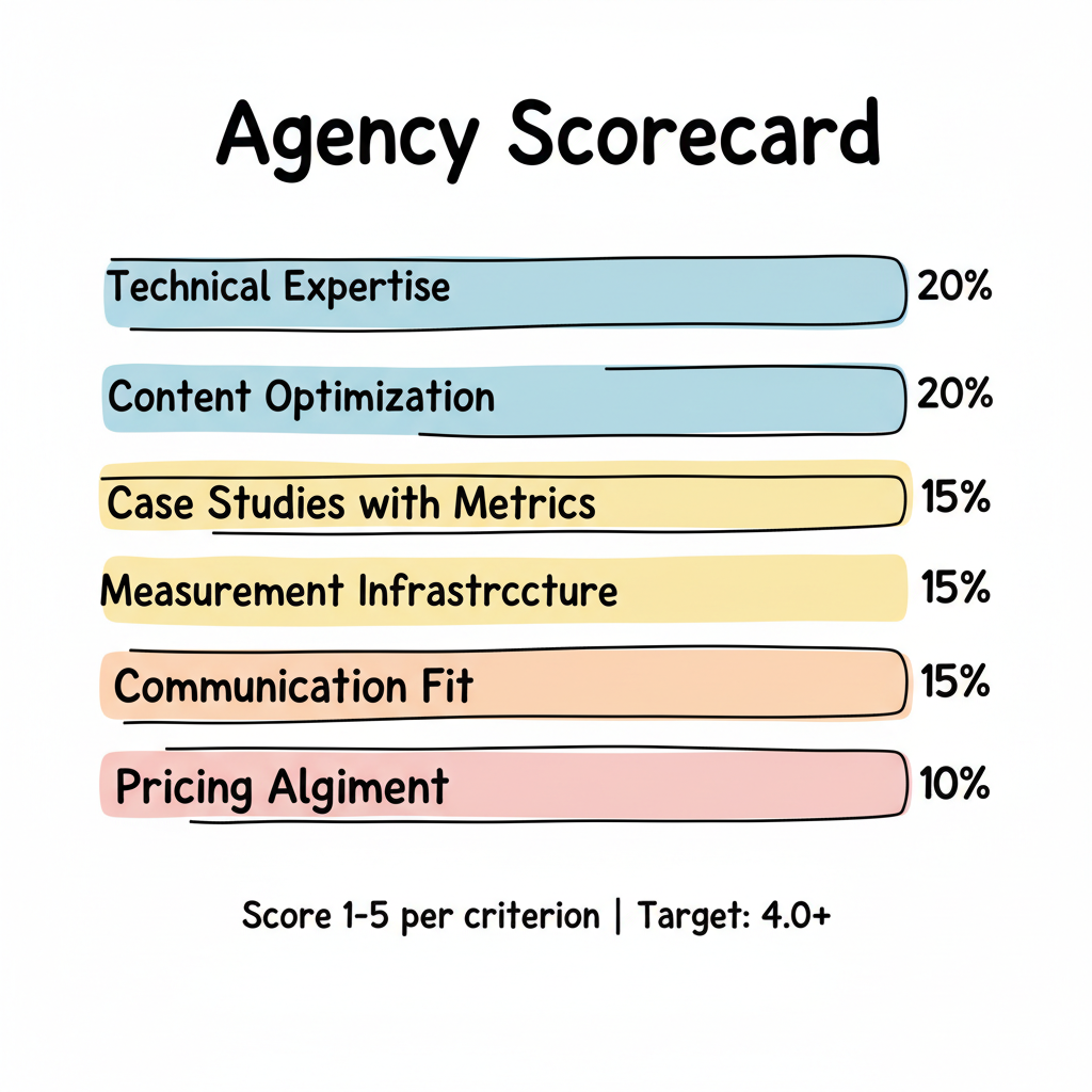 AEO agency evaluation scorecard showing 6 weighted criteria: technical expertise, content optimization, case studies, measurement infrastructure, communication fit, and pricing alignment