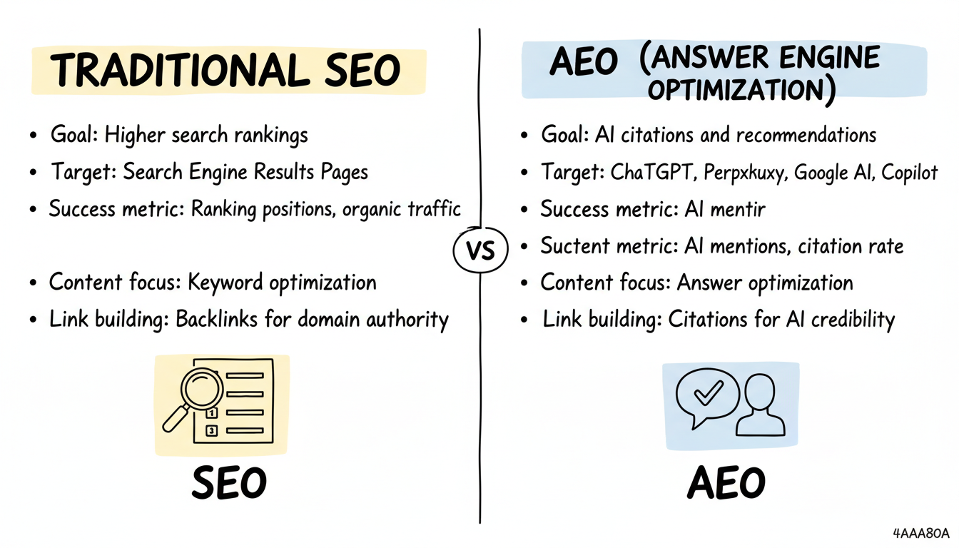 SEO vs AEO: side-by-side comparison of goals, metrics, and optimization targets