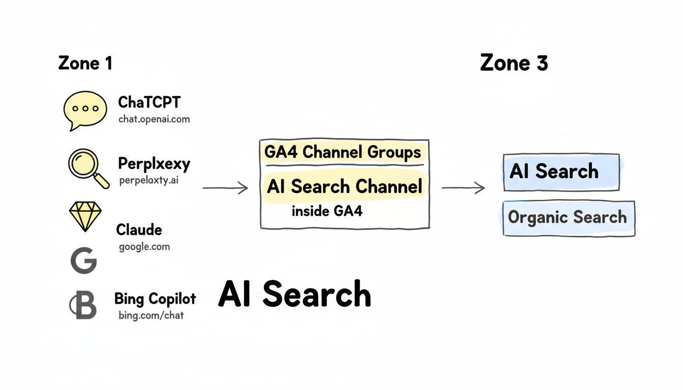 AI traffic sources flowing into GA4 channel groupings, separating AI Search from Organic Search