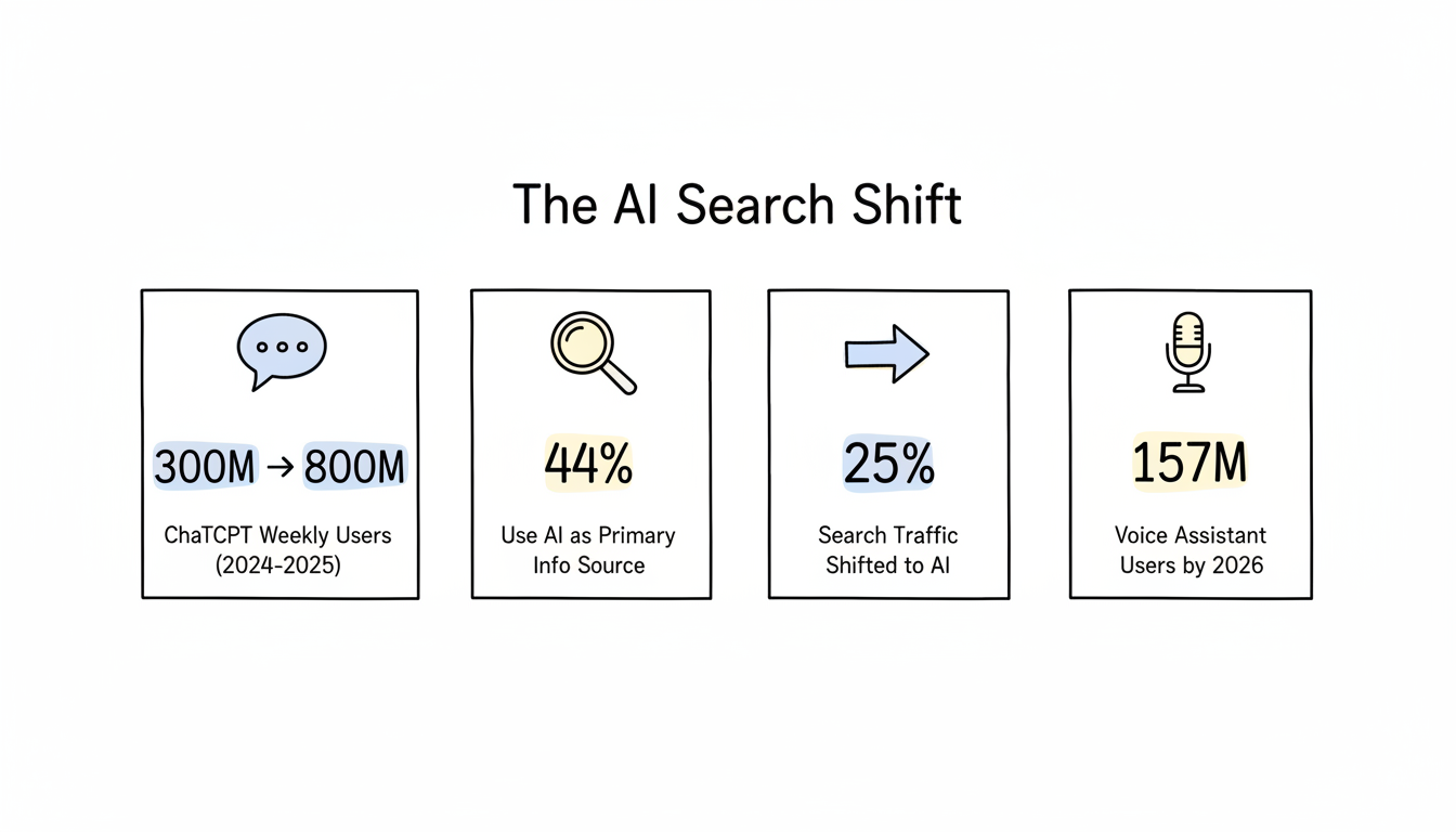 AI search growth statistics showing ChatGPT users growing from 300M to 800M, 44% using AI as primary info source, 25% search traffic shifted to AI, and 157M voice assistant users by 2026