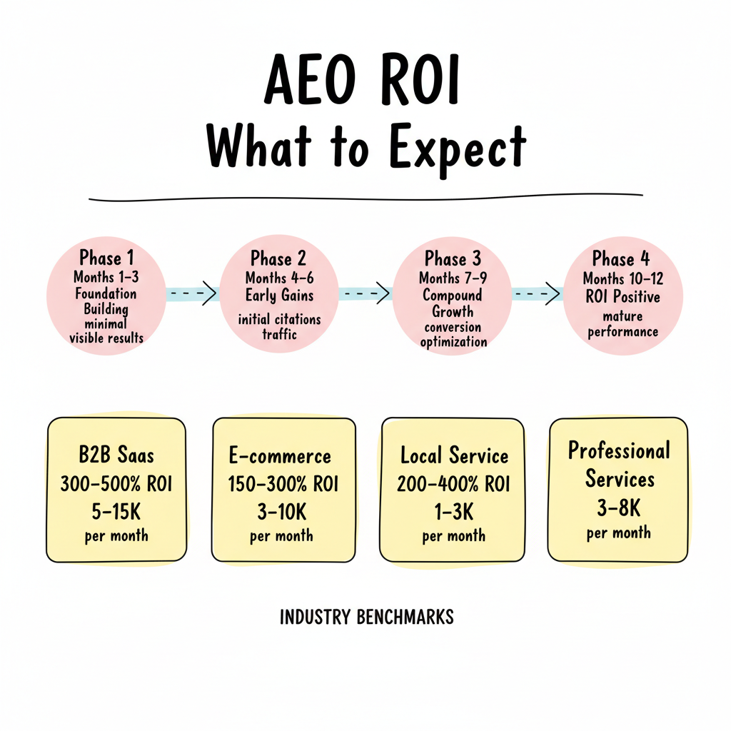 AEO ROI timeline showing four phases from foundation building to positive ROI, with industry-specific ROI benchmarks