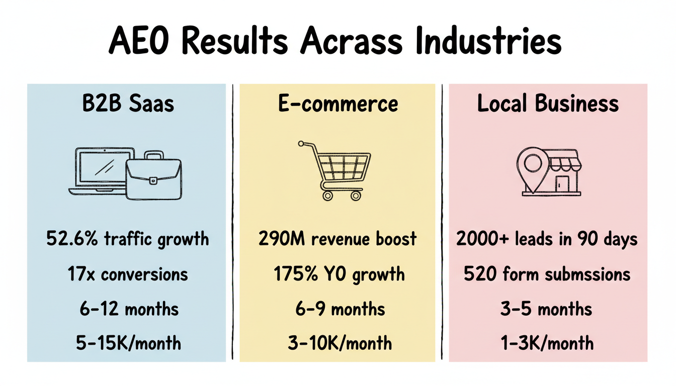 AEO results across SaaS, e-commerce, and local business industries showing traffic growth, conversion impact, and timelines