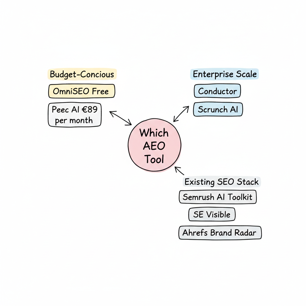 AEO tool selection framework showing decision paths by team size and budget