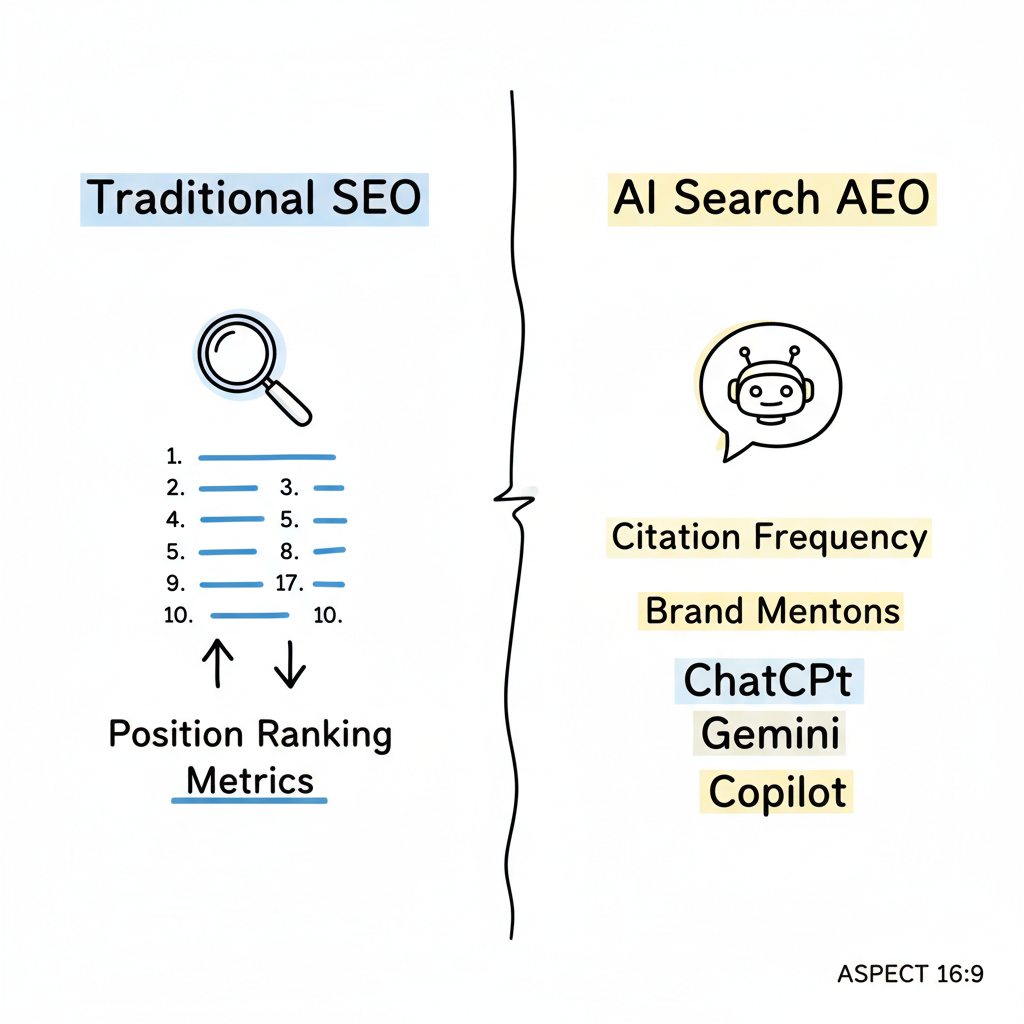 Traditional SEO vs. AI Search Tracking comparison showing what each approach monitors