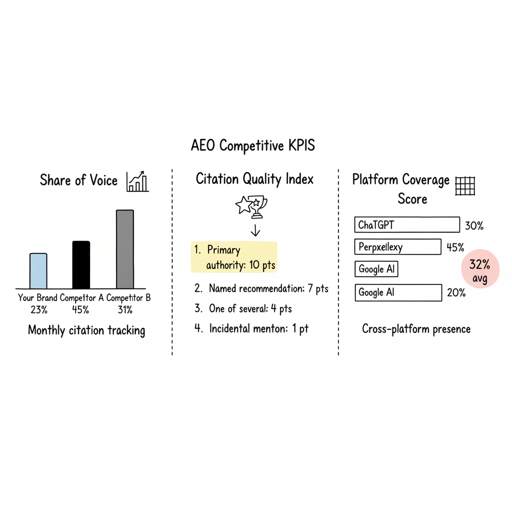 AEO competitive metrics framework showing Share of Voice, Citation Quality Index, and Platform Coverage Score with example data