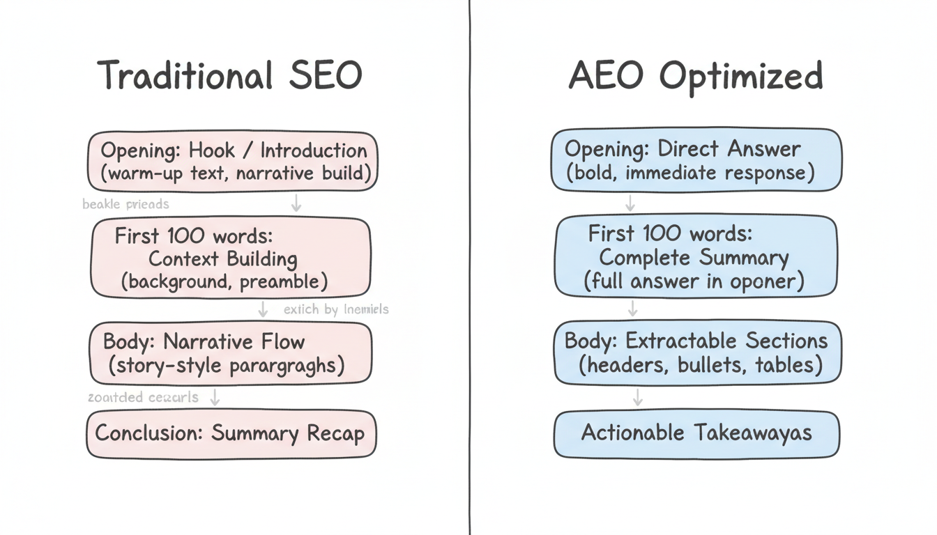 Traditional SEO vs AEO Optimized content structure comparison showing split layout with narrative approach on left and answer-first approach on right
