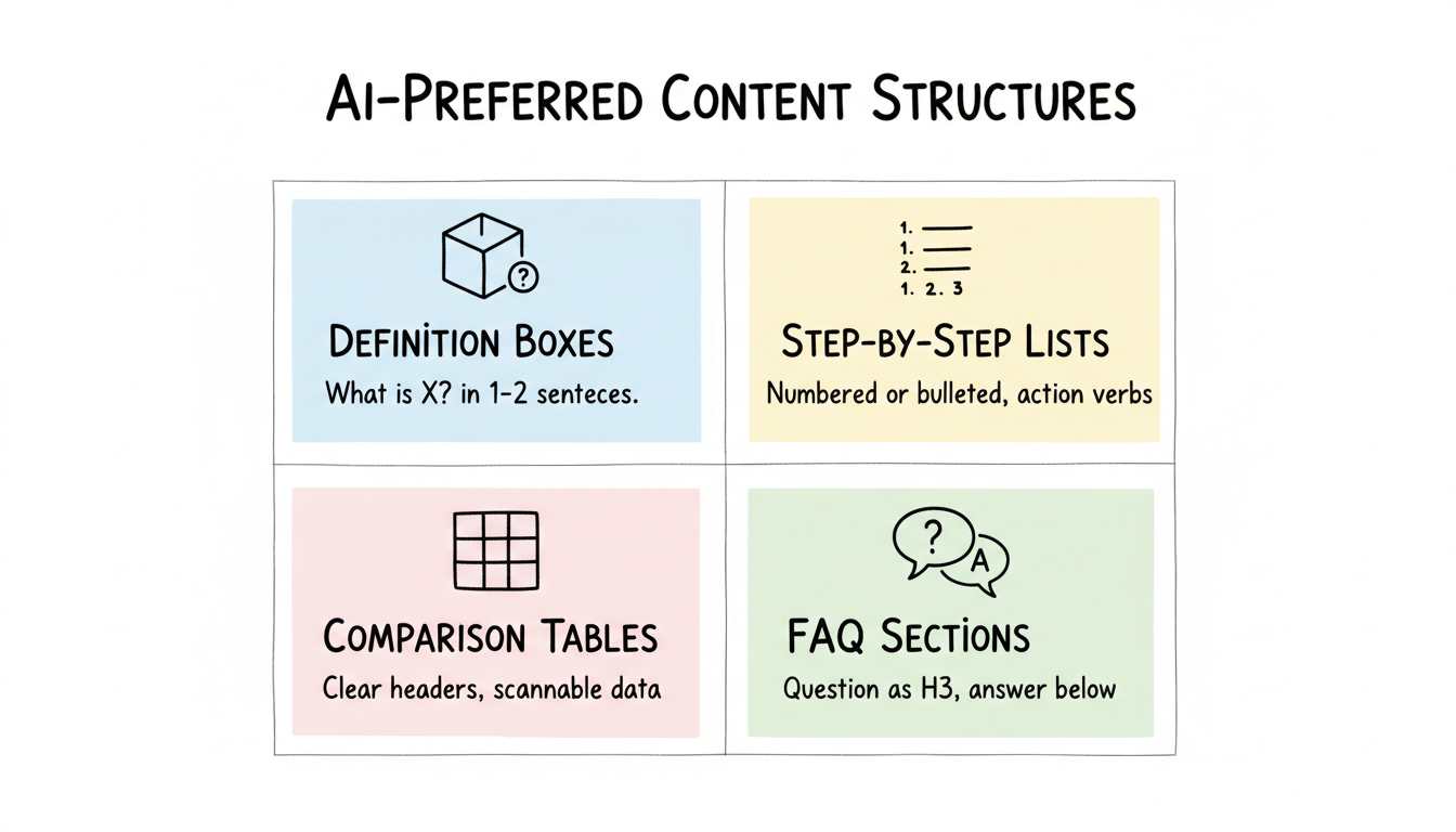 AI-preferred content structures infographic showing four formats in a 2x2 grid: Definition Boxes, Step-by-Step Lists, Comparison Tables, and FAQ Sections