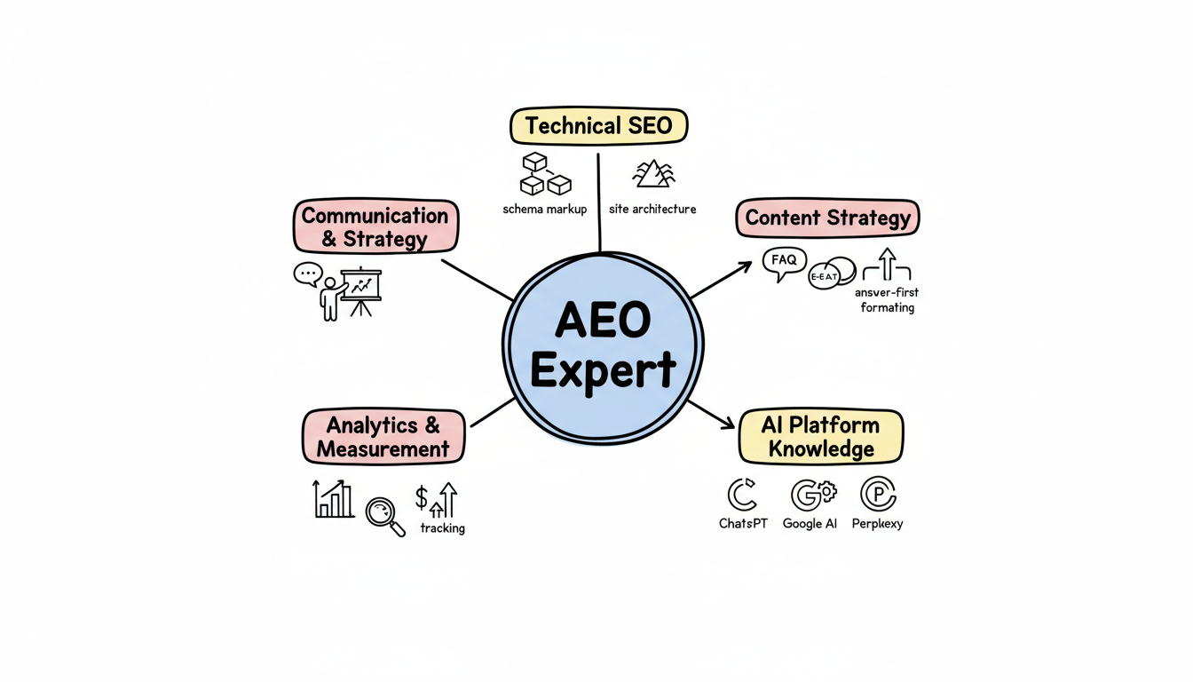 AEO Expert Skills Framework - five core competency pillars: Technical SEO, Content Strategy, AI Platform Knowledge, Analytics & Measurement, and Communication & Strategy