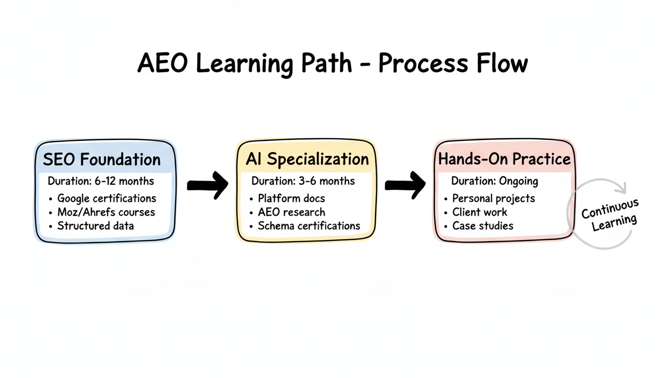 AEO Learning Path - three-phase flowchart: SEO Foundation (6-12 months), AI Specialization (3-6 months), and Hands-On Practice (ongoing)