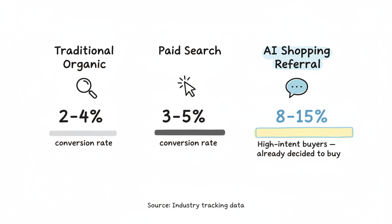 AI shopping conversion rates vs traditional channels: AI referrals achieve 8-15% compared to 2-4% for traditional organic