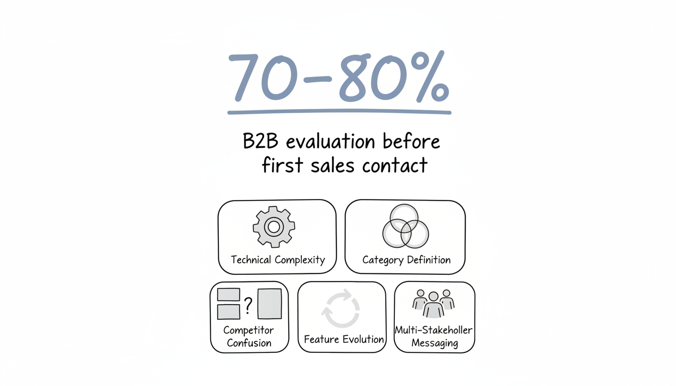 SaaS AEO challenges: 70-80% of B2B evaluation completes before sales contact, plus five unique visibility hurdles including technical complexity, category definition, and multi-stakeholder messaging