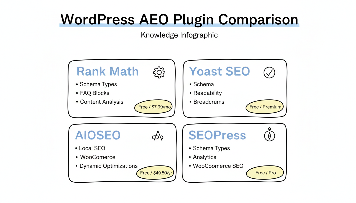WordPress AEO plugin comparison showing Rank Math, Yoast SEO, AIOSEO, and SEOPress with key features and pricing