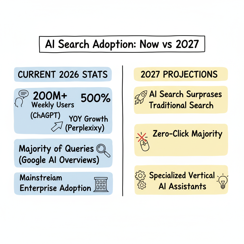 AI search adoption trajectory showing current 2026 metrics and 2027 projections