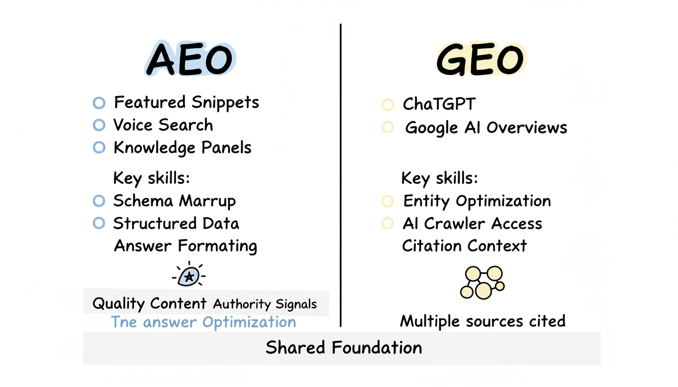AEO vs GEO comparison showing the distinct targets and shared foundation of both disciplines