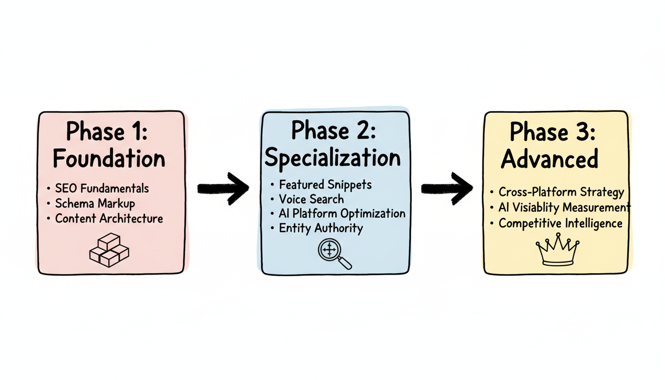 Three-phase AEO GEO learning path from Foundation through Specialization to Advanced mastery