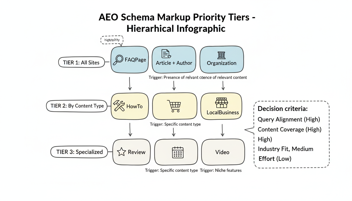 Schema prioritization framework showing three tiers of implementation priority with decision criteria weights