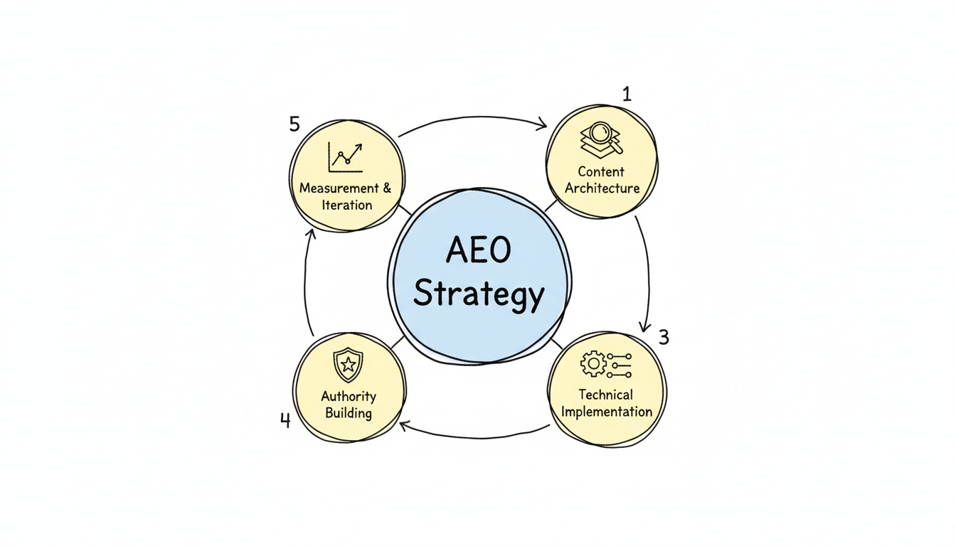 The five core components of an AEO strategy framework: Discovery & Baseline, Content Architecture, Technical Implementation, Authority Building, and Measurement & Iteration