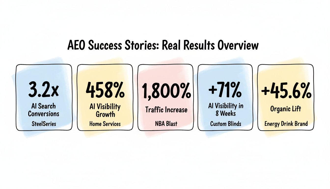 AEO success stories: key results across case studies including 3.2x conversions, 458% visibility growth, and 1800% traffic increase