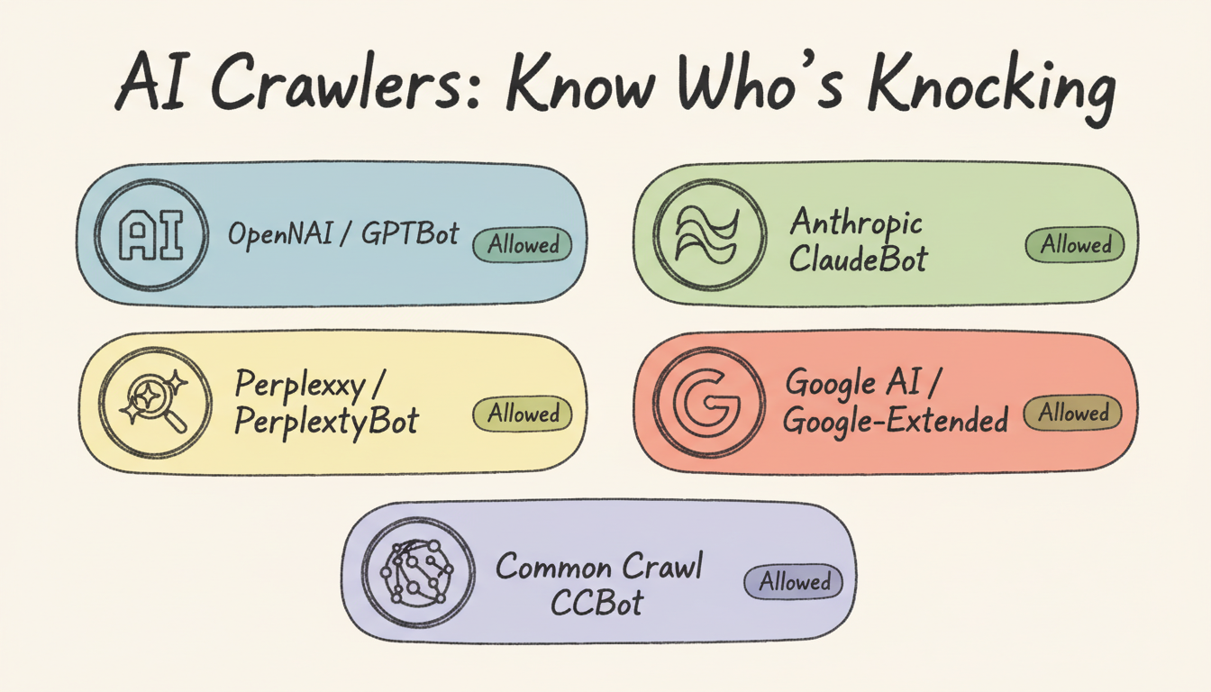 Overview of five major AI crawlers and their user-agent names: GPTBot, ClaudeBot, PerplexityBot, Google-Extended, and CCBot