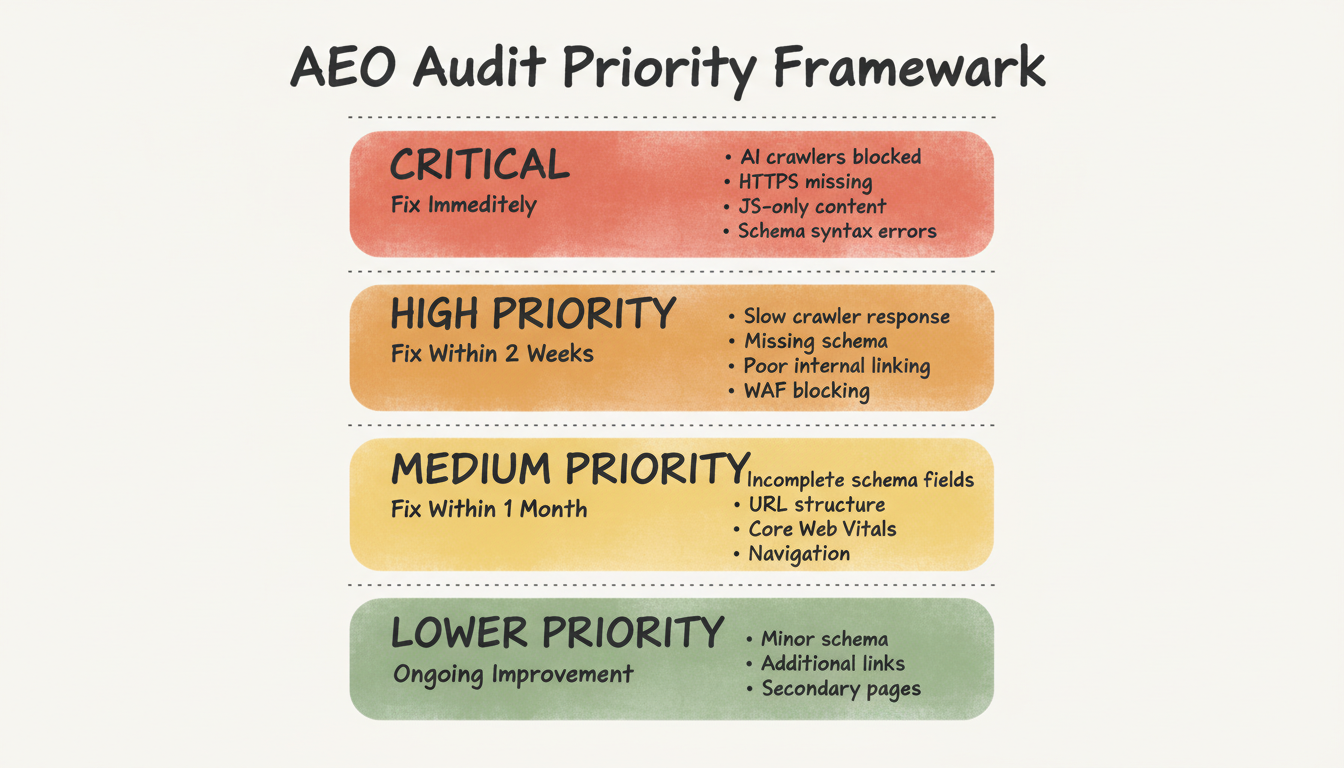AEO audit prioritization framework showing four tiers: Critical (fix immediately), High Priority (2 weeks), Medium Priority (1 month), and Lower Priority (ongoing)