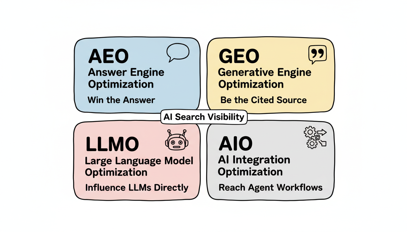 AI search optimization landscape: AEO, GEO, LLMO, and AIO mapped as four distinct disciplines