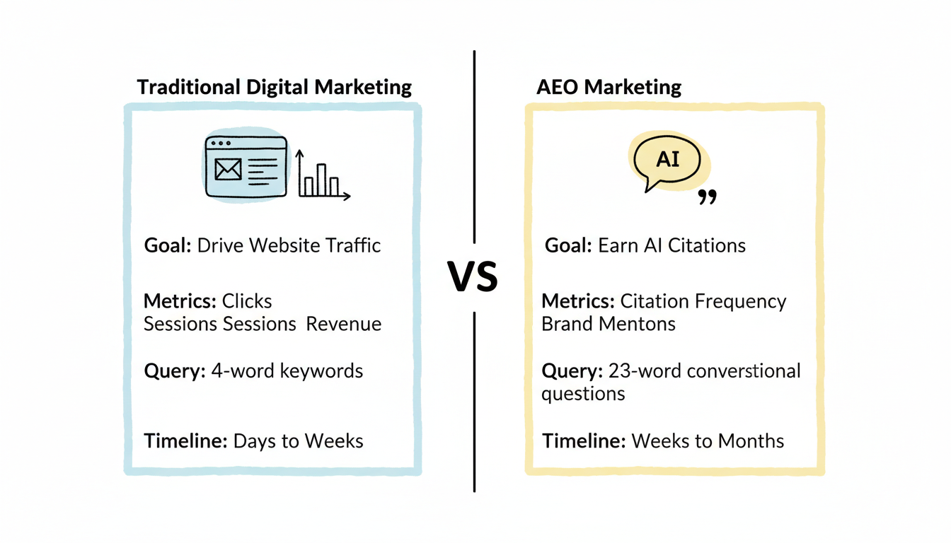 AEO vs Traditional Digital Marketing comparison showing goals, metrics, query types, and timelines side by side