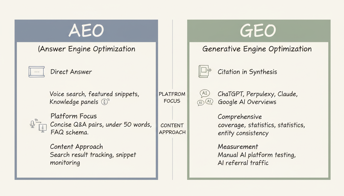 AEO vs GEO key differences comparison across output format, platform focus, content approach, and success measurement