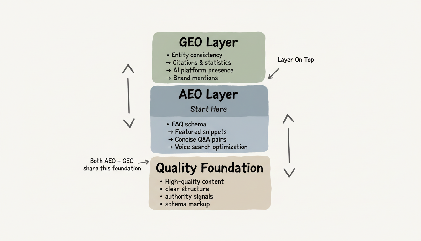 AEO and GEO layered integration strategy showing quality foundation, AEO layer, and GEO layer built on top