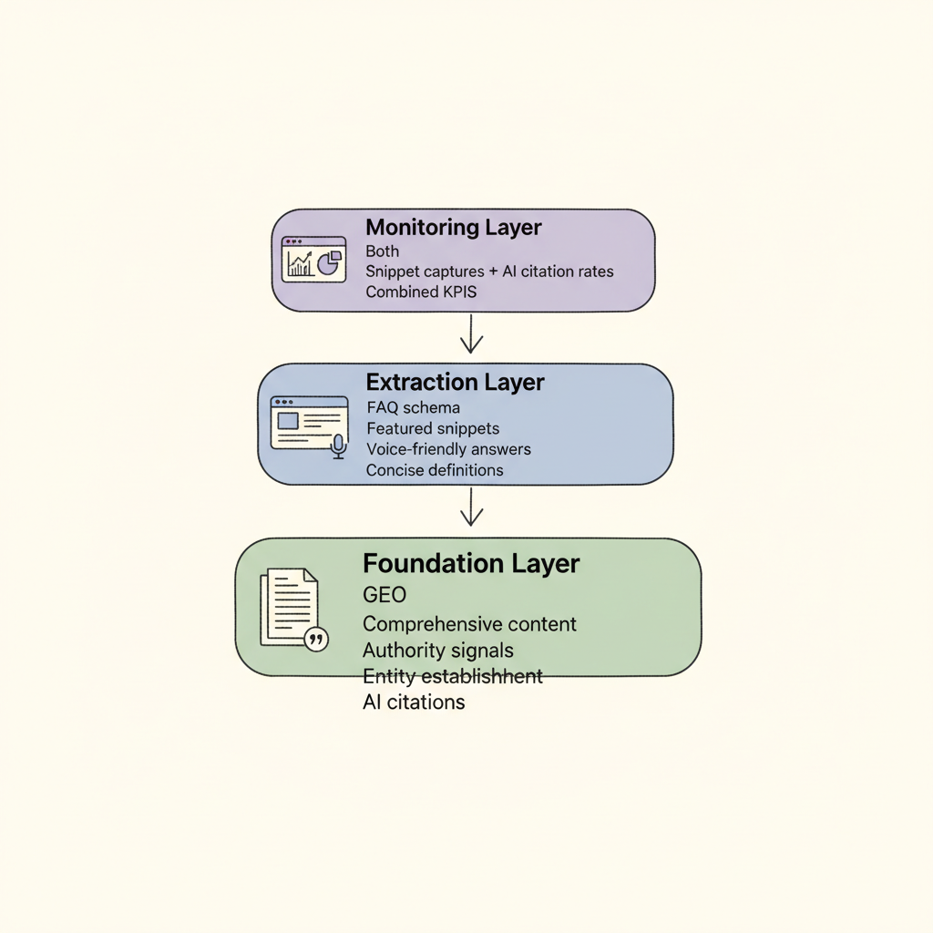 AEO and GEO integrated layered strategy framework with three tiers: Foundation (GEO), Extraction (AEO), and Monitoring