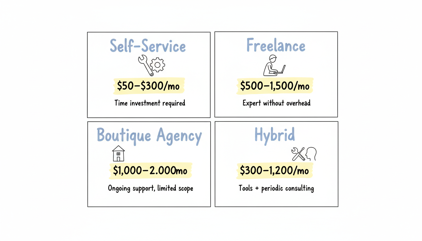 Four budget AEO tiers comparison: Self-Service $50-300/mo, Freelance $500-1500/mo, Boutique Agency $1000-2000/mo, Hybrid $300-1200/mo