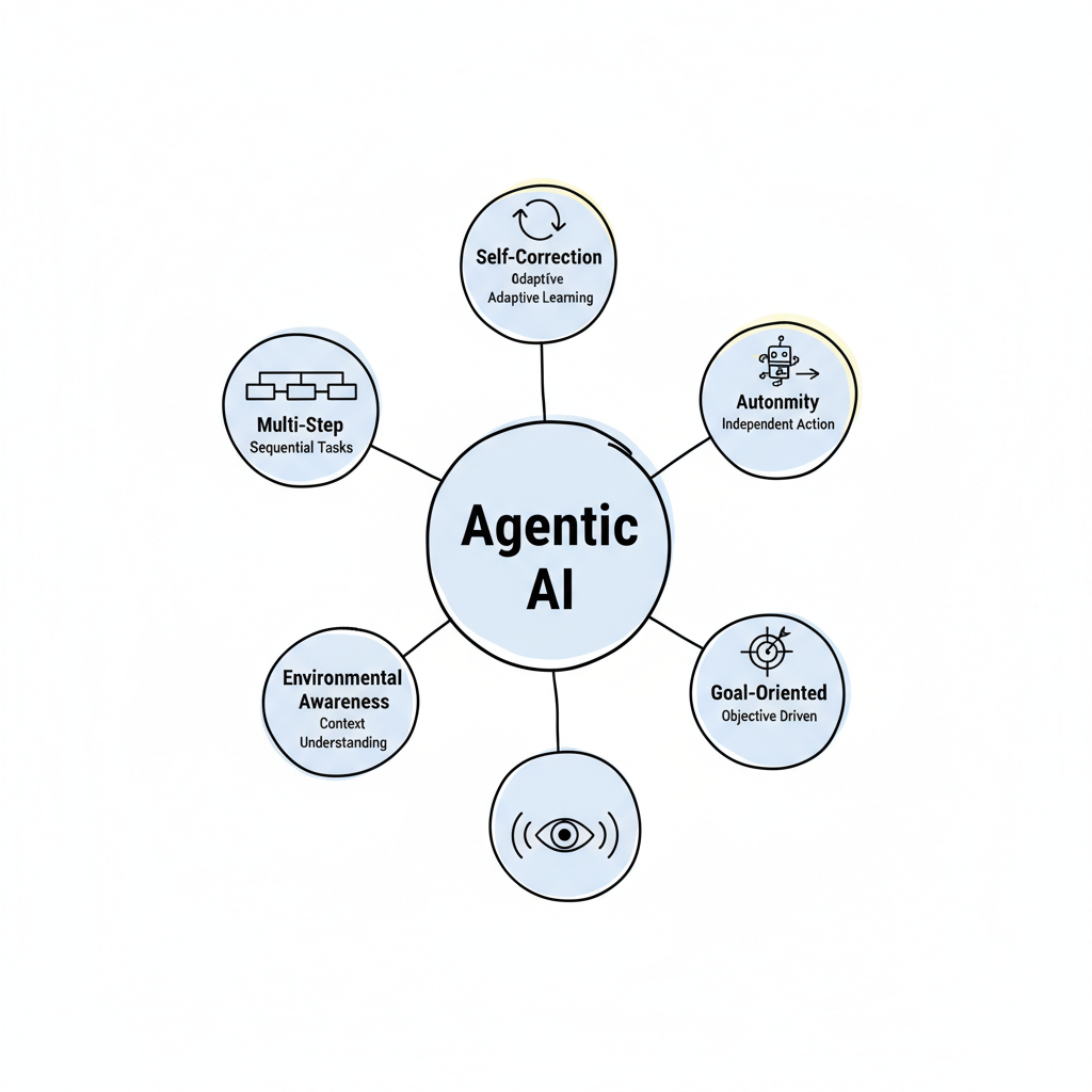 Agentic AI core characteristics: autonomy, goal-oriented behavior, environmental awareness, multi-step execution, and self-correction shown as a hub-and-spoke framework