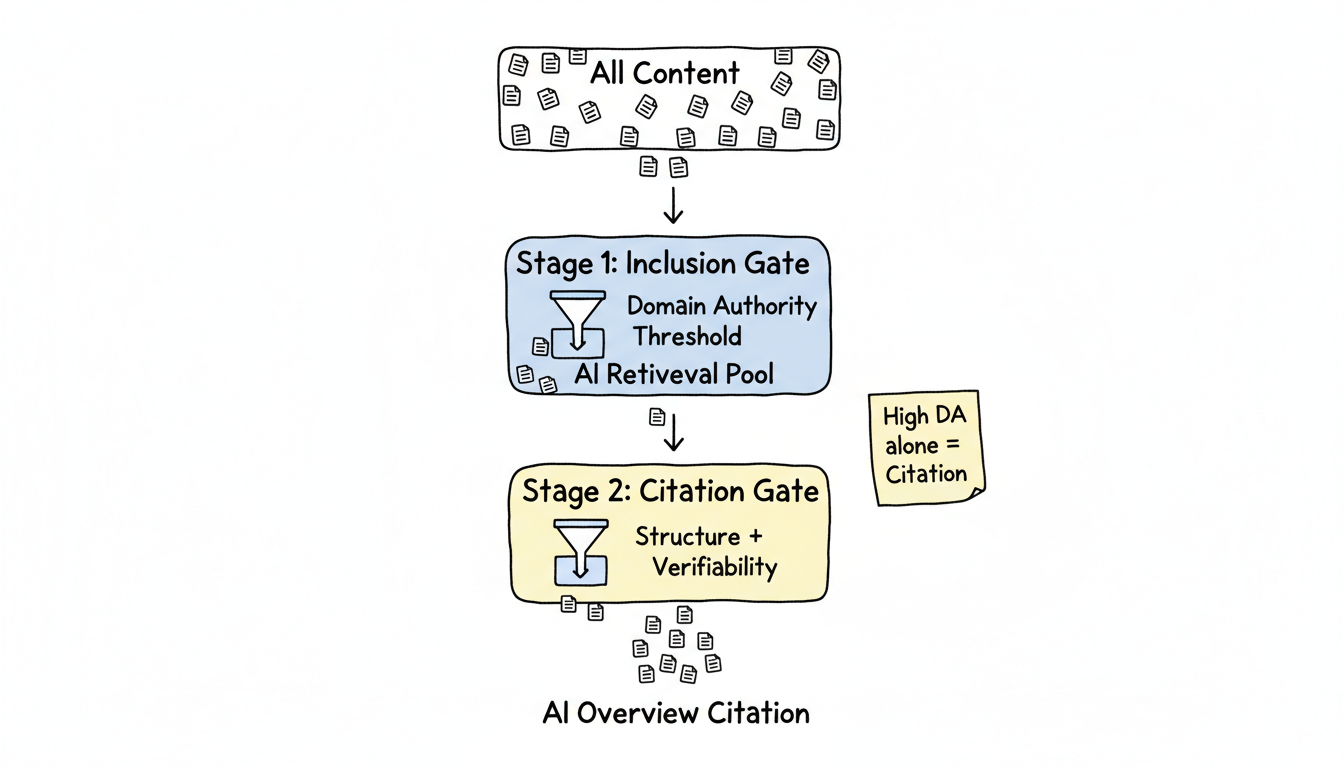The two-stage authority framework for AI Overview citations: Inclusion Gate (Domain Authority) followed by Citation Gate (Structure + Verifiability)
