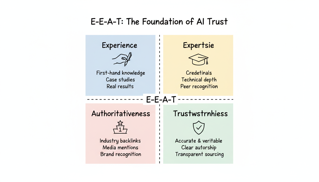 E-E-A-T framework: four pillars of AI trust — Experience, Expertise, Authoritativeness, and Trustworthiness