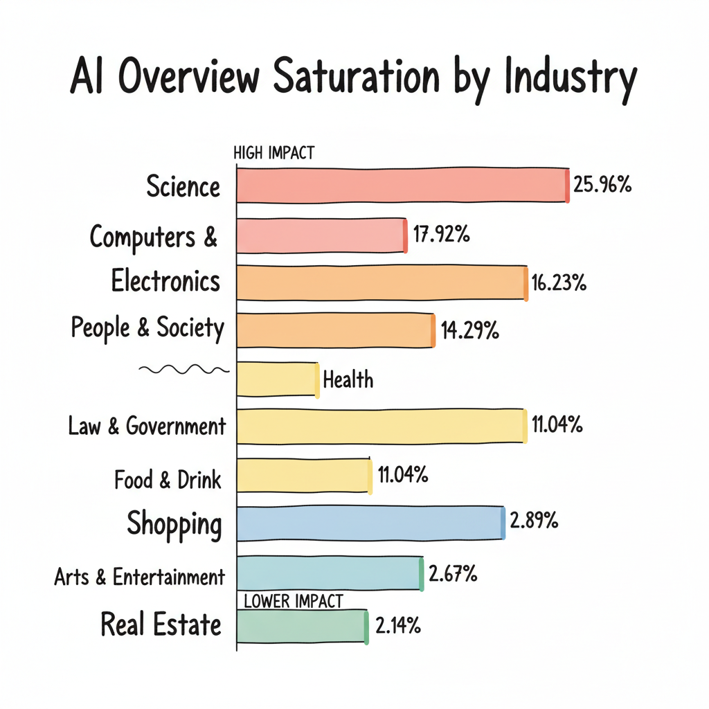 AI Overview saturation ranked by industry, from Science at 25.96% to Real Estate at 2.14%