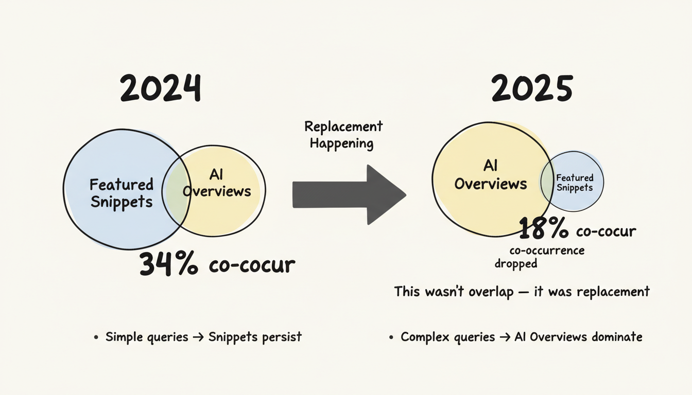 AI Overviews replacing Featured Snippets: co-occurrence declining from 34% to 18% trend visualization