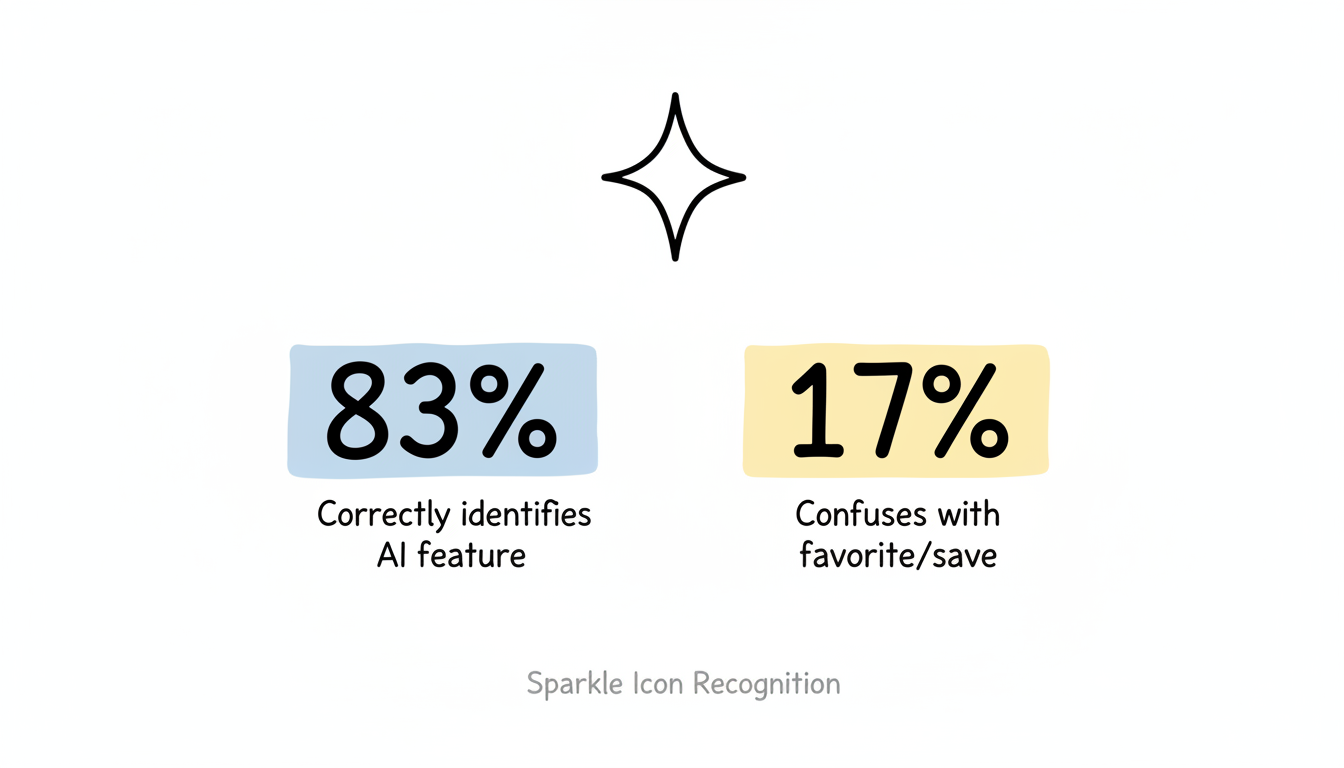 Sparkle icon recognition: 83% correctly identify as AI feature, 17% confuse with favorite/save