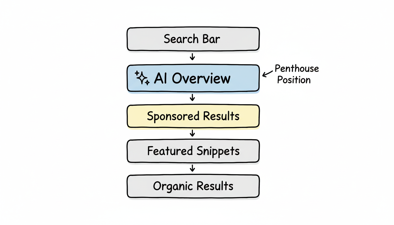 Google SERP hierarchy showing AI Overview in the "penthouse" position above sponsored results, featured snippets, and organic results