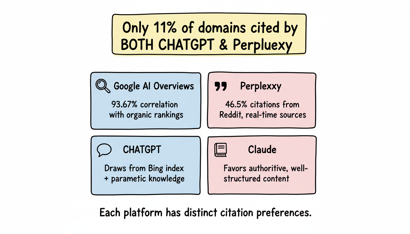 Cross-platform AI search citation patterns — only 11% of domains cited by both ChatGPT and Perplexity