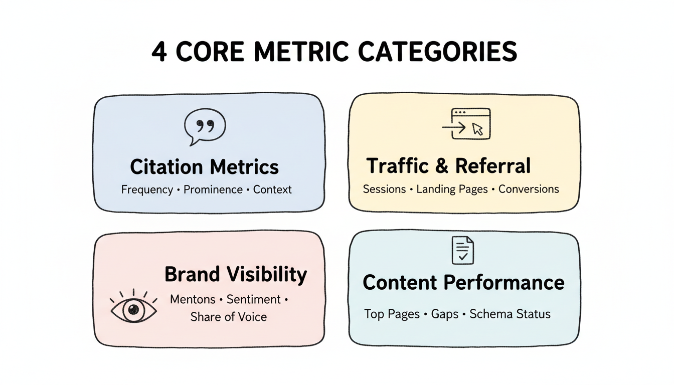 Four core metric categories of an AI search dashboard: Citation Metrics, Traffic and Referral, Brand Visibility, and Content Performance shown as a four-quadrant framework