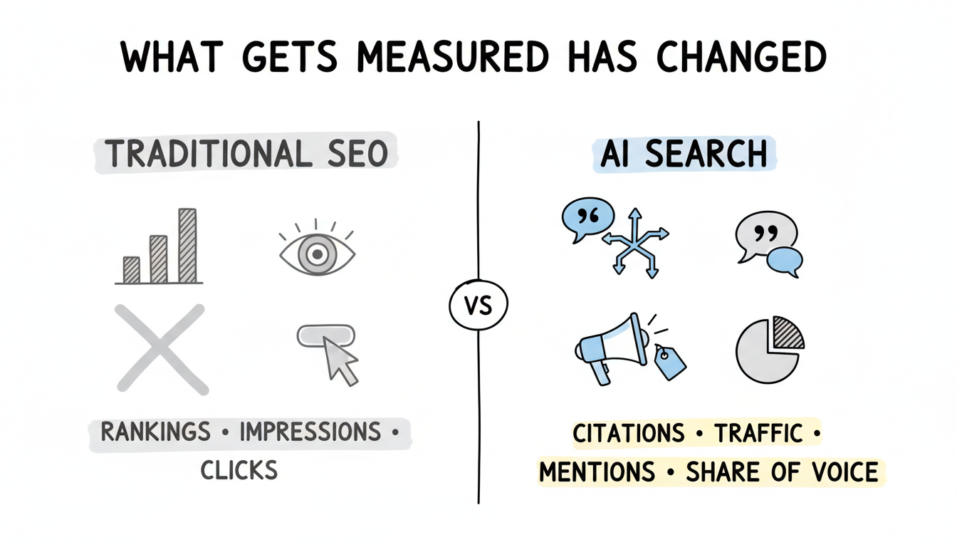 Traditional SEO vs AI Search Metrics comparison showing old ranking/impression/click metrics versus new citation frequency, referral traffic, brand mentions, and share of voice metrics