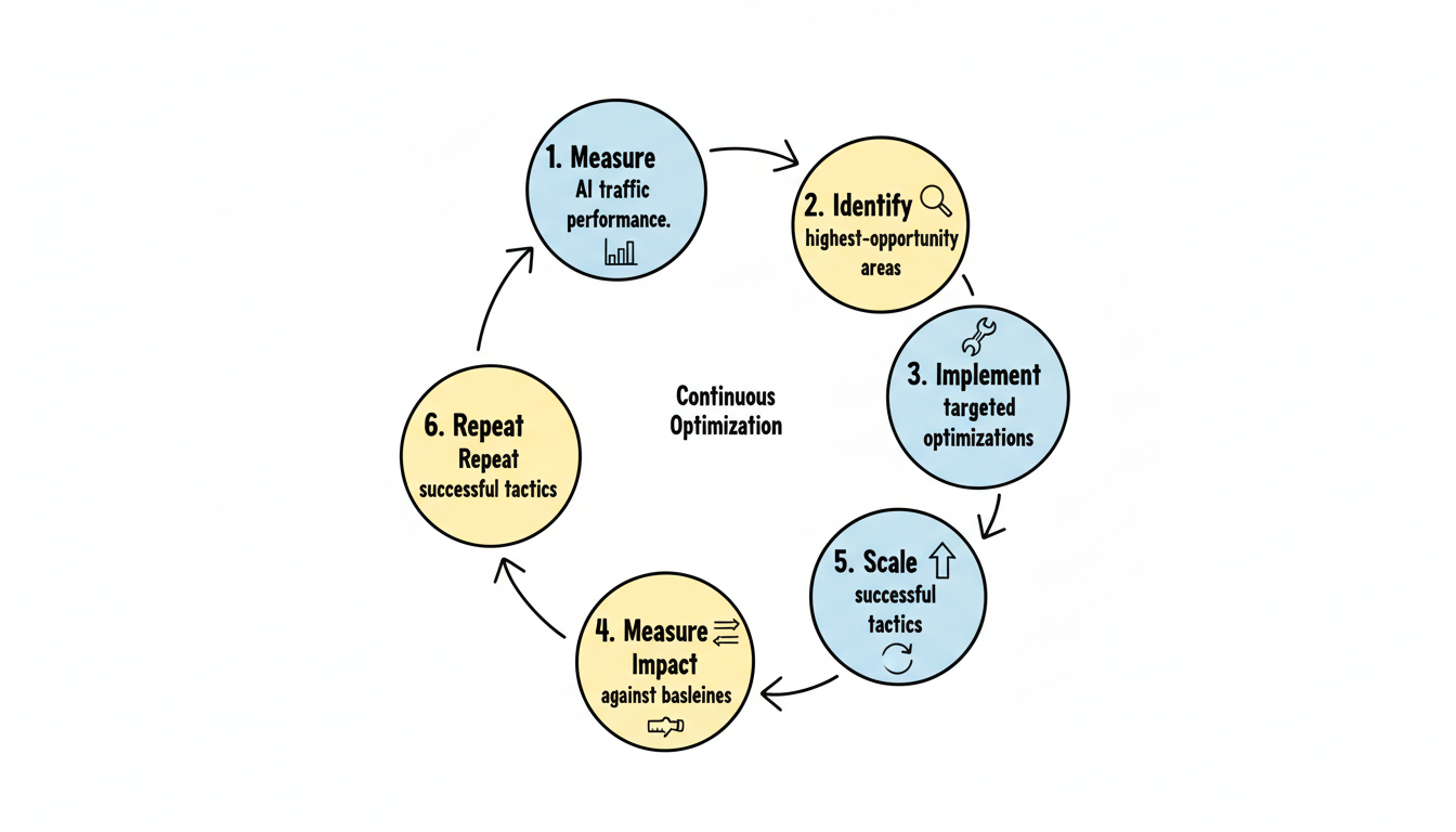 Continuous AI Conversion Optimization Cycle: six-step circular process — Measure, Identify, Implement, Measure Impact, Scale, Repeat